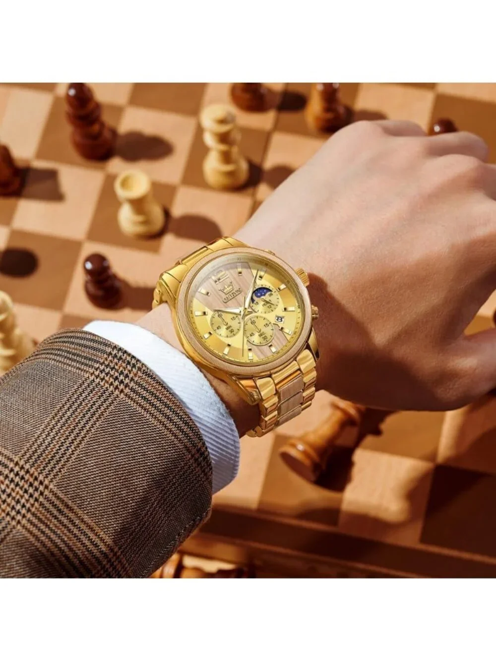 Men's Gold Quartz Stainless Steel Waterproof Luminous Date Luxury Wooden Watch